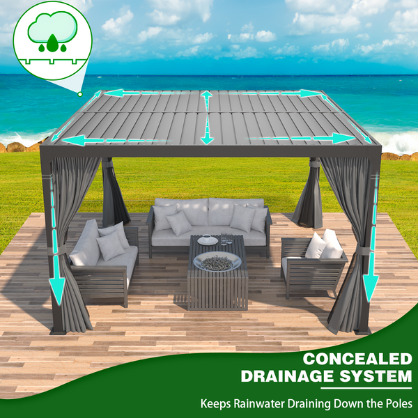 Mellcom 10'×10' Outdoor Louvered Pergola Aluminum Hardtop Gazebo with Adjustable Roof for Backyard, Garden w/ Curtains and Netting