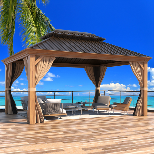 Hommow 12' X 14' Hardtop Gazebo Aluminum Frame Gazebo with Galvanized Steel Double Roof