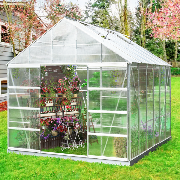 Mellcom 12' x 10' Walk-in Polycarbonate Greenhouse, Outdoor Aluminum Hard Frame Hobby Green House with Adjustable Roof Vent
