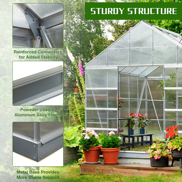 Mellcom 12' x 10' Walk-in Polycarbonate Greenhouse, Outdoor Aluminum Hard Frame Hobby Green House with Adjustable Roof Vent