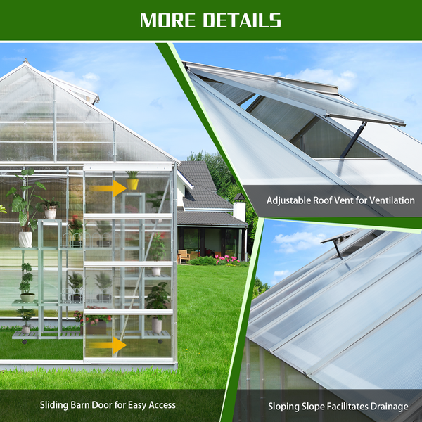 Mellcom 12' x 10' Walk-in Polycarbonate Greenhouse, Outdoor Aluminum Hard Frame Hobby Green House with Adjustable Roof Vent