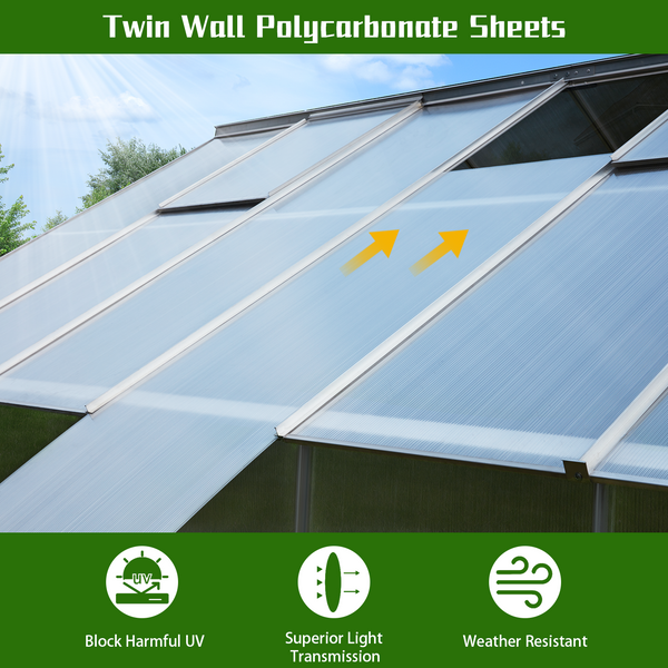Mellcom 12' x 10' Walk-in Polycarbonate Greenhouse, Outdoor Aluminum Hard Frame Hobby Green House with Adjustable Roof Vent