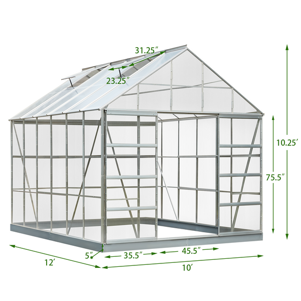 Mellcom 12' x 10' Walk-in Polycarbonate Greenhouse, Outdoor Aluminum Hard Frame Hobby Green House with Adjustable Roof Vent