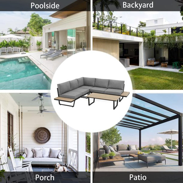 Erommy Outdoor Conversation Set with Coffee Table, All-Weather L-Shaped Metal Patio Sectional Sofa Set with Gray Cushion and Built-in Side Table for Patio, Deck, Backyard, Garden