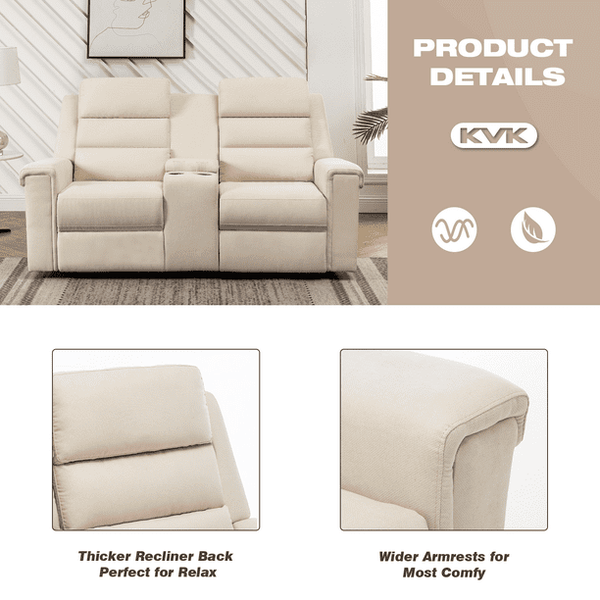 Mellcom Reclining Console Loveseat, Manual Upholstered Home Theater Seating, Arm Sofa Recliner Chair for Living Room, Beige