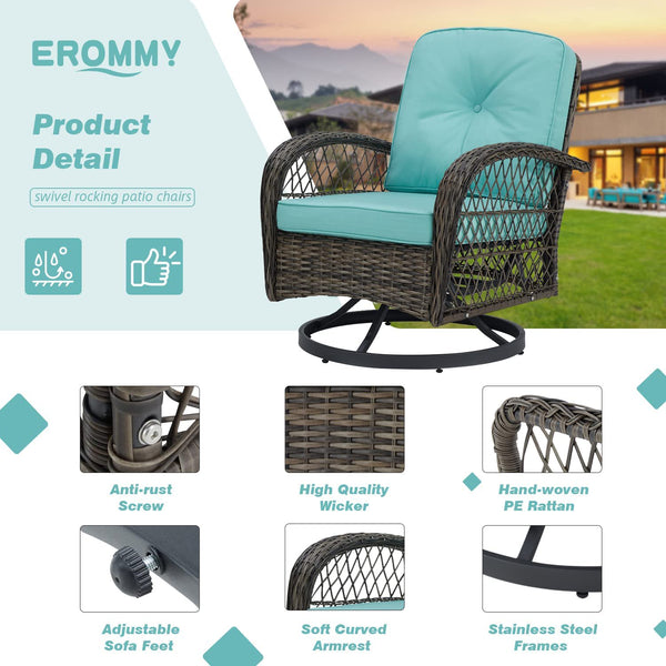 Erommy Outdoor Rocker Patio Chairs 360 ° Swivel , 3 Pieces Patio Set with Cushions and Table, Blue