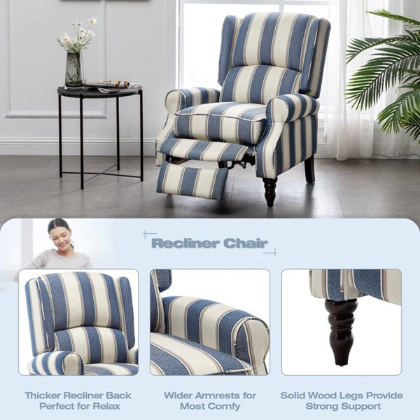 Mellcom Fabric Wingback Recliner, Upholstered Push Back Armchair for Living Room Bedroom, Coastline Style