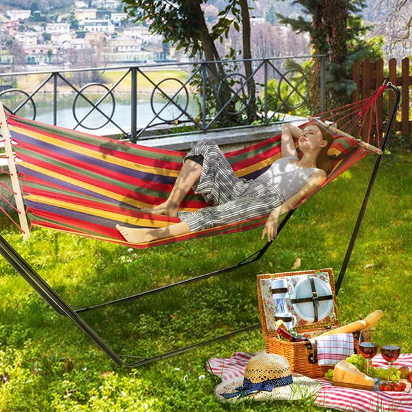 Yoleny Hammock with Stand Included, Camping Hammock, Heavy Duty Portable Hammock with Detachable Pillow for Patio Porch Beach,Rainbow Stripe