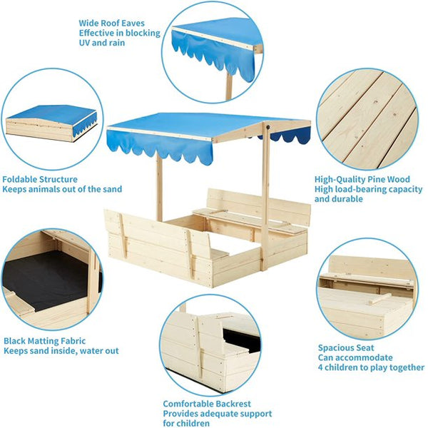 Hommow Kids Outdoor Toy Sandbox w/ 2 Foldable Bench Seats, Height Adjustable Outdoor Sandbox with Canopy Roof