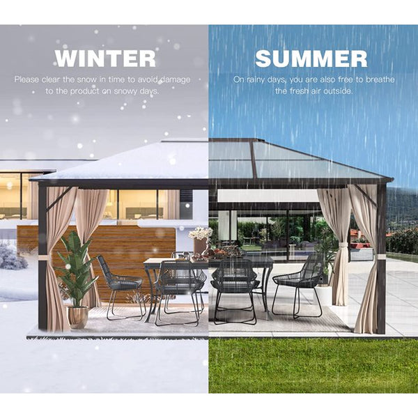 Erommy 10'x12' Outdoor Hardtop Polycarbonate Gazebo Canopy Aluminum Frame with Netting and Curtains for Garden, Patio