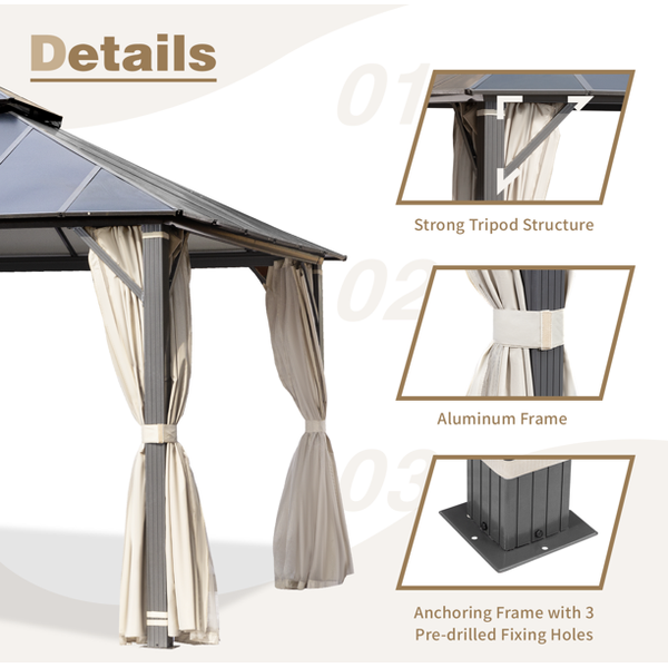 Erommy 13' x 15' Cedar Wood Frame Gazebo, Outdoor Hardtop Gazebo with Metal Roof, Curtains and Nettings