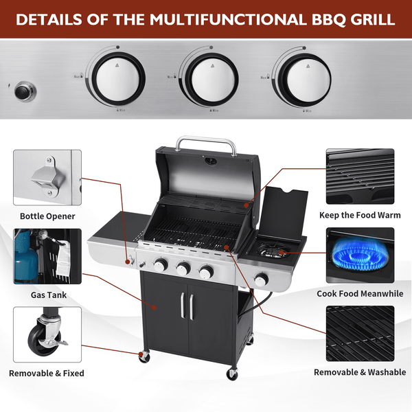 Yoleny 3 Burner BBQ Propane Gas Grill，24,000 BTU Stainless Steel Patio Garden Barbecue Grill with Stove and Side Table