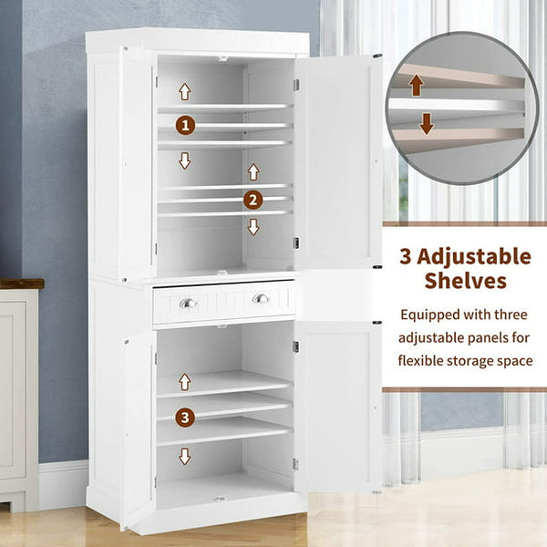 Yoleny Kitchen Pantry, 72” Freestanding Storage Cabinets with Doors and Shelves, Elegant Colonial Design Cabinet Cupboard