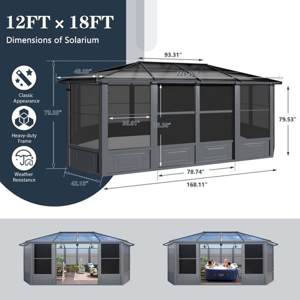 Yoleny 12' x 18' Solarium Sunroom, Outdoor Hardtop Polycarbonate Roof Sun Room, Aluminum Frame Permanent Tiny House with Sliding Doors and Screens,for Garden, Patio, Lawns