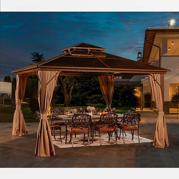 Erommy 12'x12' Outdoor Polycarbonate Double Roof Hardtop Gazebo Canopy Curtains Aluminum Frame with Netting for Garden,Patio