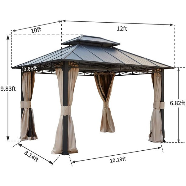 Yoleny 10' X 12' Double Roof Hardtop Gazebo, Outdoor Metal Gazebo with Netting and Curtains for Patios, Garden, Deck