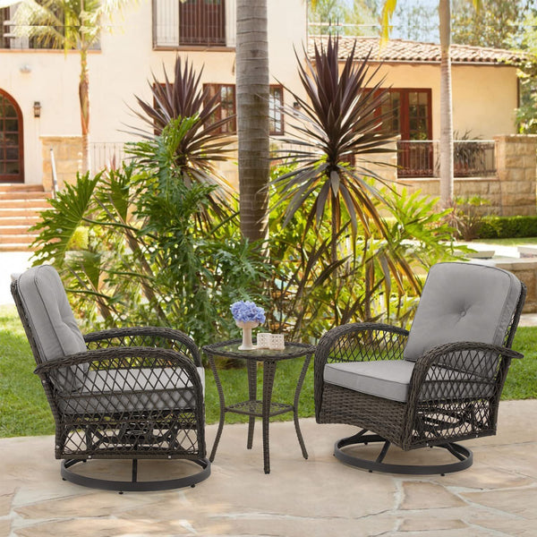 Erommy Outdoor Rocker Patio Chairs 360 ° Swivel , 3 Pieces Patio Conversation Set with Thickened Cushions and Glass Table, Gray