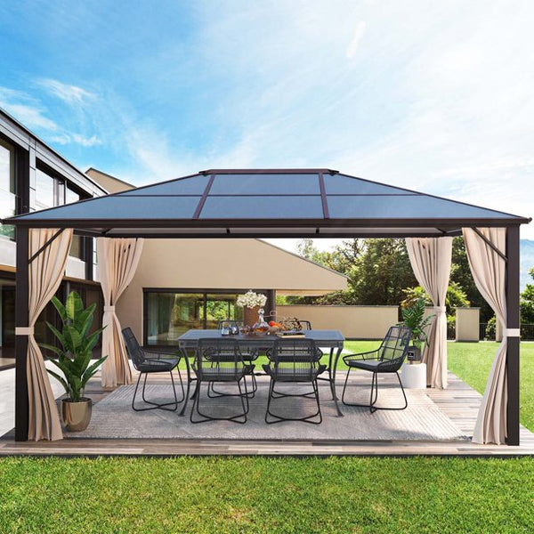 Erommy 10'x12' Outdoor Hardtop Polycarbonate Gazebo Canopy Aluminum Frame with Netting and Curtains for Garden, Patio