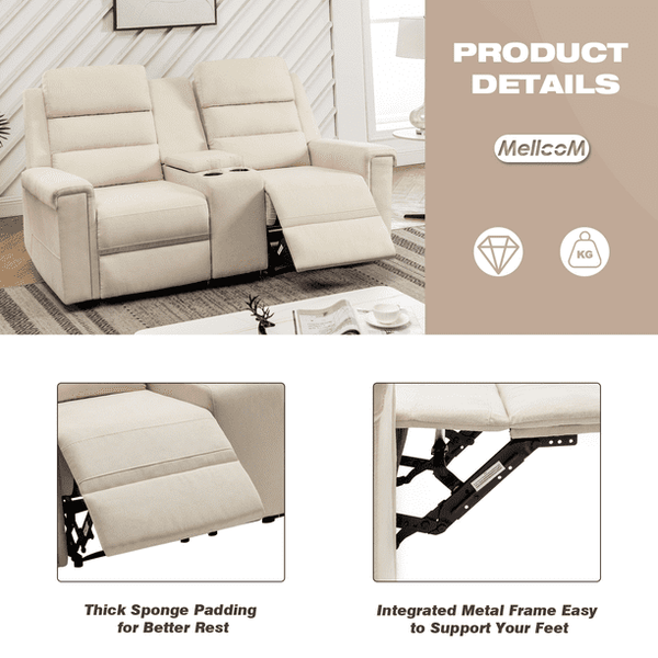 Mellcom Reclining Console Loveseat, Manual Upholstered Home Theater Seating, Arm Sofa Recliner Chair for Living Room, Beige