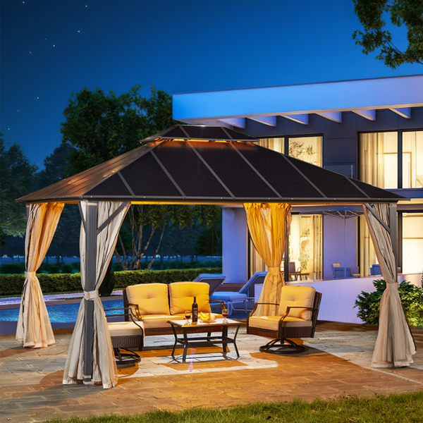 Erommy 12x14FT Hardtop Gazebo, Permanent Outdoor Aluminum Patio Gazebo with Aluminum Composite Double Roof for Patio Lawn and Garden, Curtains and Netting Included