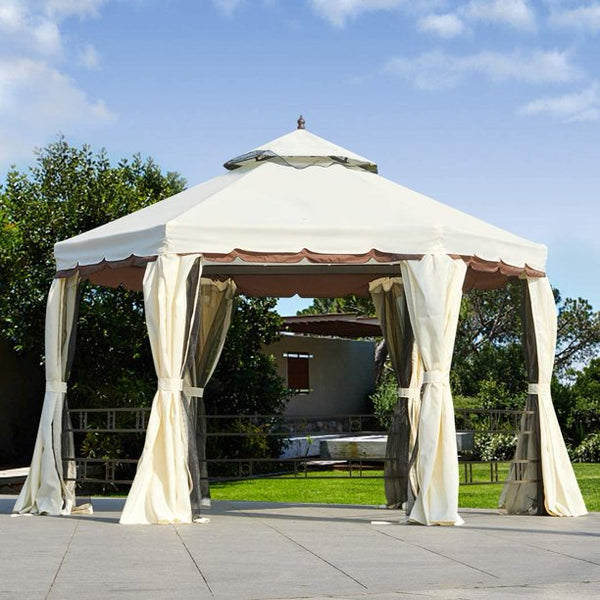 Yoleny 12FT Outdoor Canopy Gazebo Hexagonal Double Roof Patio Gazebo Steel Frame Pavilion with Netting and Shade Curtains for Garden,Patio,Party Canopy-white