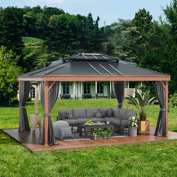 Mellcom 12' X 16' Hardtop Gazebo Metal Gazebo with Galvanized Steel Double Roof for Backyard, Patio, Lawns
