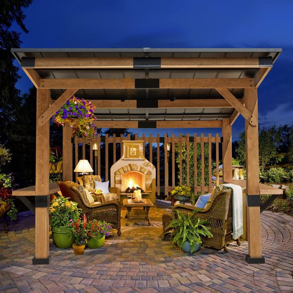 Erommy 10' x 11' Hardtop Cedar Wooden Gazebo Pergola, Brown