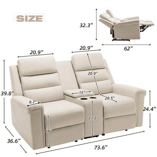 Mellcom Reclining Console Loveseat, Manual Upholstered Home Theater Seating, Arm Sofa Recliner Chair for Living Room, Beige