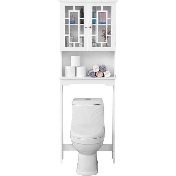 Yoleny Toilet Storage Wooden Bathroom Organizer with 2 Glass Doors & Adjustable Shelf, Over Toilet Cabinets for Bathroom, White