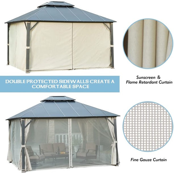 Erommy 12'x14' Outdoor Hardtop Gazebo Patio Furniture, Aluminum Frame Double Roof, Privacy Curtains and Premium Net for Patio Lawn and Garden