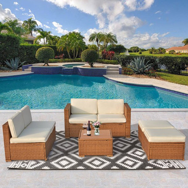 Mellcom 7 Pieces Patio Conversation Set PE Rattan Wicker Furniture Sofa Set with Two Storage Boxes,Beige