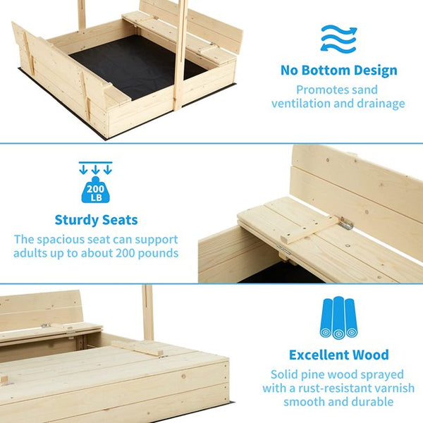 Hommow Kids Outdoor Toy Sandbox w/ 2 Foldable Bench Seats, Height Adjustable Outdoor Sandbox with Canopy Roof