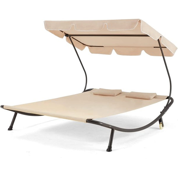 Yoleny Patio Double Chaise Lounge with Adjustable Canopy, Outdoor Hammock Daybed with Wheels and Pillows for 2 Person, Oxford Cloth Chaise Lounge Bed for Ousides, Garden, Backyard, Lawn, Beige