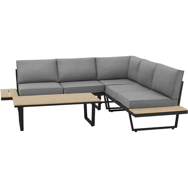 Erommy Outdoor Conversation Set with Coffee Table, All-Weather L-Shaped Metal Patio Sectional Sofa Set with Gray Cushion and Built-in Side Table for Patio, Deck, Backyard, Garden