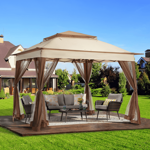 Mellcom 11' x 11' Pop Up Gazebo Tent, Outdoor Instant Canopy Shelter with Carrying bag, Beige
