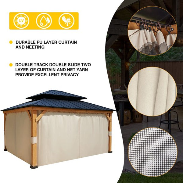 Erommy 13' x 15' Cedar Wood Frame Gazebo, Outdoor Hardtop Gazebo with Metal Roof, Curtains and Nettings