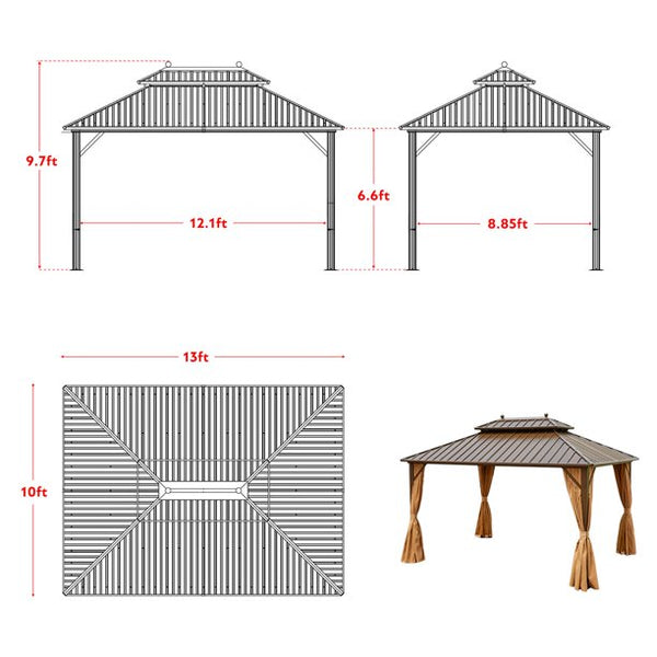 Erommy 10' X 13' Hardtop Gazebo Galvanized Steel Outdoor Gazebo Canopy Double Vented Roof Pergolas Aluminum Frame with Netting and Curtains for Garden,Patio,Lawns,Parties