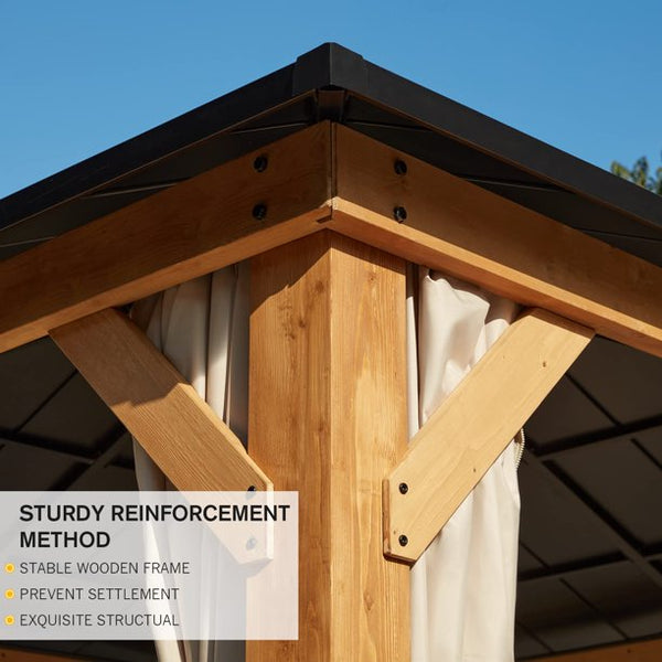 Erommy 13' x 15' Cedar Wood Frame Gazebo, Outdoor Hardtop Gazebo with Metal Roof, Curtains and Nettings