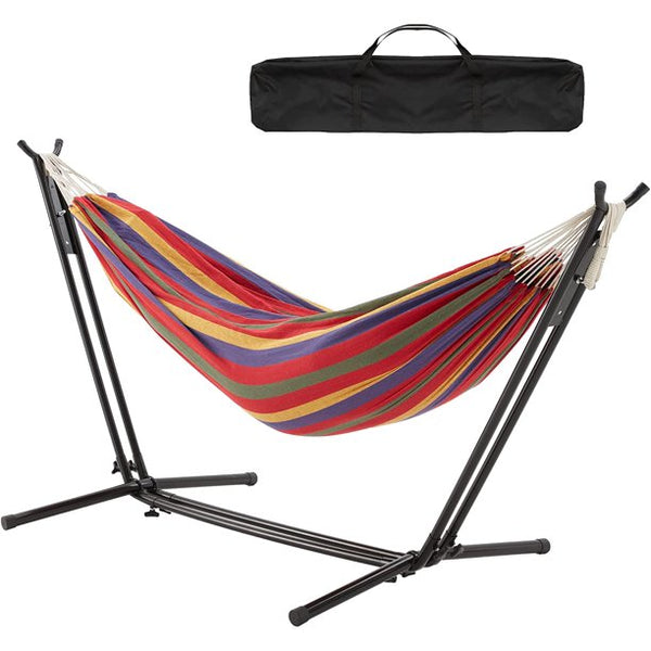 Yoleny Hammock with Stand Included, Double-bar Heavy Duty Cotton Rope Hammock with Portable Carrying Bag for Patio Porch, Rainbow Stripe