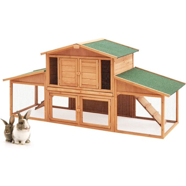 Yoleny Rabbit Hutch Wooden Two Story Bunny Cage Indoor Rabbit Cage Outdoor, Guinea Pig House Hamster Hideout, Galvanized Mesh Wires, Weatherproof Asphalt Roof