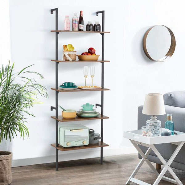 Yoleny 5 Tier Industrial Ladder Shelf, Wood Modern Bookshelf with Metal Frame, Wall-Mounted Plant Flower Storage Organizer, Brown
