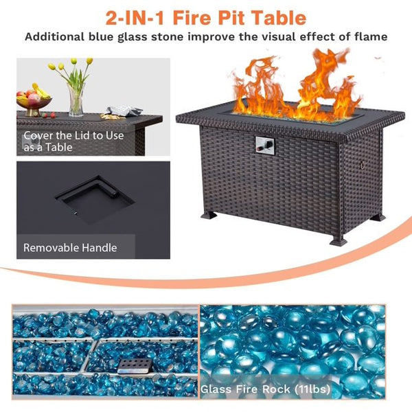 Yoleny 44'' Propane Fire Pit Table, 50,000 BTU Rectangular Gas Fire Pit, CSA Certified Wicker Fire Pit Table with Fire Pit Cover, Aluminum Tabletop and Glass Rocks, Suiltable for Poolside, Backyard