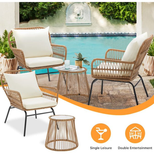 Erommy 3-Piece Patio Conversation Set, Outdoor Wicker Furniture with 2 Wide Armchairs & Tempered Glass Top Table, Cushions Included