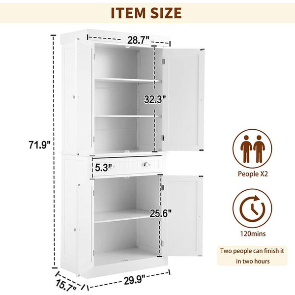 Yoleny Kitchen Pantry, 72” Freestanding Storage Cabinets with Doors and Shelves, Elegant Colonial Design Cabinet Cupboard