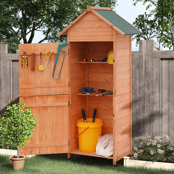 Mellcom Wooden Garden Storage Shed with Locker Doors, Outdoor Tool Shed with Asphalt Roof for Patio, Garden, Backyard, Lawn