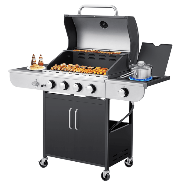 Mellcom 4 Burner Gas Grill,36000 BTU BBQ Propane Stainless Steel Grill with Stove and Side Table for Patio Garden