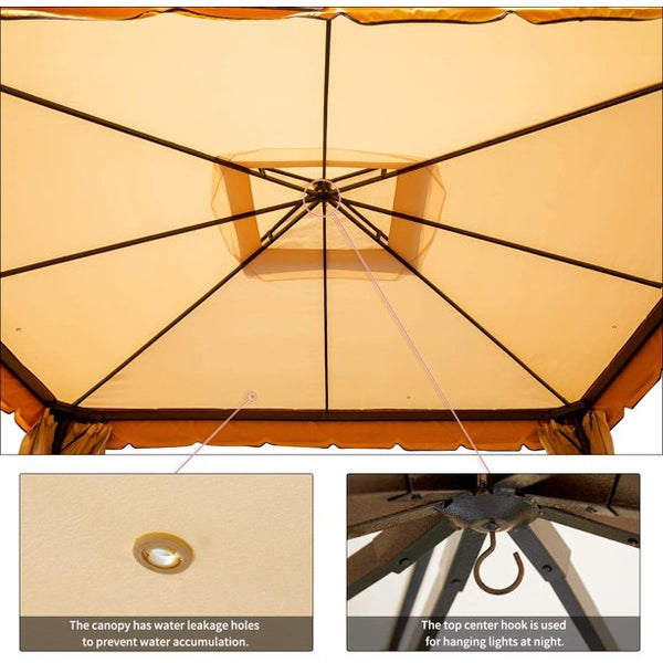 Yoleny 10’ x 12’ Outdoor Canopy Gazebo Double Roof Patio Gazebo Steel Frame with Netting and Shade Curtains for Garden,Patio,Party Canopy-Beige