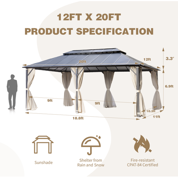 Mellcom 12x20FT Hardtop Gazebo with Aluminum Composite Double Roof for Patio Lawn and Garden