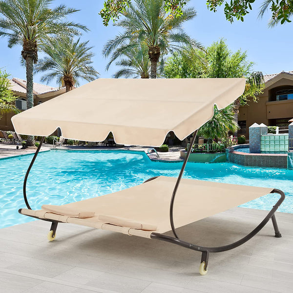 Yoleny Patio Double Chaise Lounge with Adjustable Canopy, Outdoor Hammock Daybed with Wheels and Pillows for 2 Person, Oxford Cloth Chaise Lounge Bed for Ousides, Garden, Backyard, Lawn, Beige