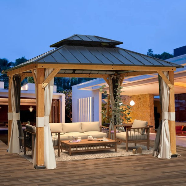 Yoleny 11' x 13' Solid Wood Gazebo, Hardtop Gazebo Galvanized Steel Outdoor Gazebo Canopy Double Vented Roof Pergolas Aluminum Frame with Netting and Curtains for Garden, Patio, Lawns, Parties